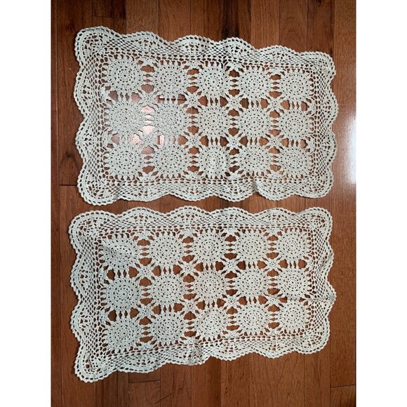 Vintage Handmade Crochet Doilies Set of 2 Rectangular 12"x20" Ivory Lace - Picture 1 of 8